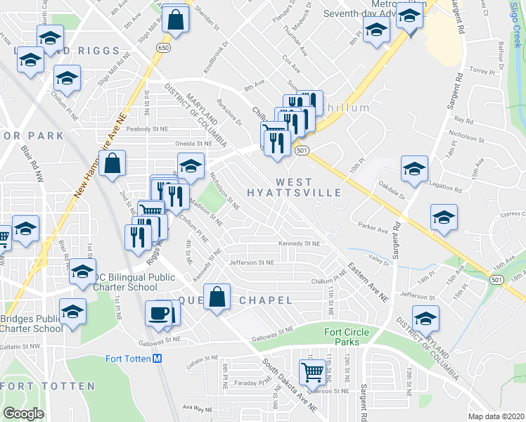 map of restaurants, bars, coffee shops, grocery stores, and more near 101 Independence Avenue Southeast in Washington