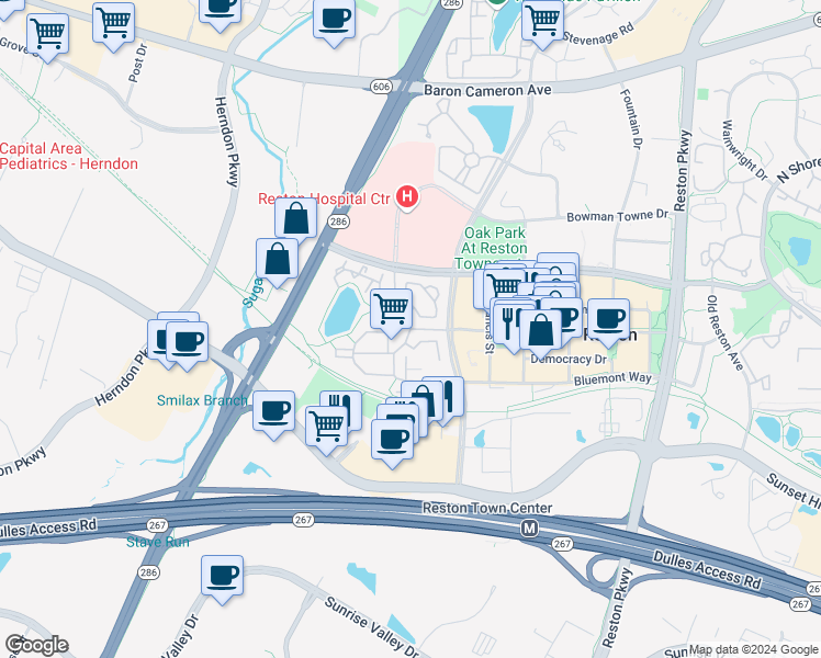 map of restaurants, bars, coffee shops, grocery stores, and more near Crescent Park Drive in Reston