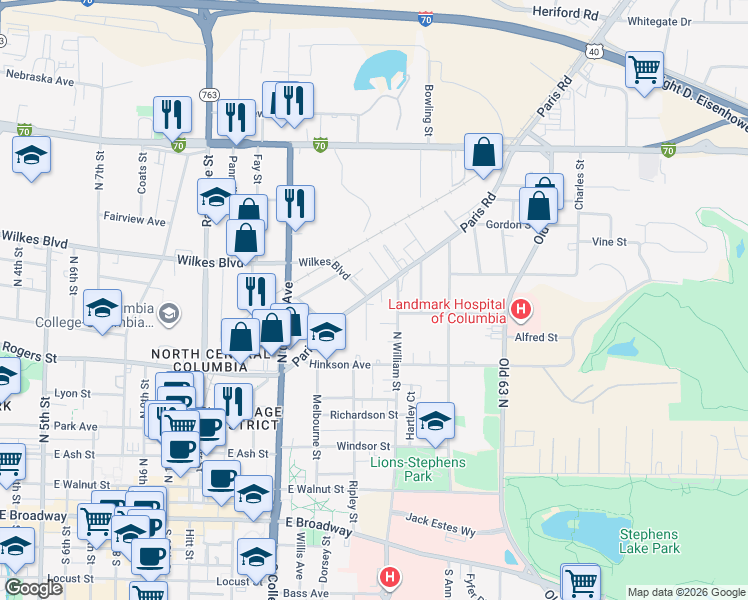 map of restaurants, bars, coffee shops, grocery stores, and more near 1509 Paris Road in Columbia