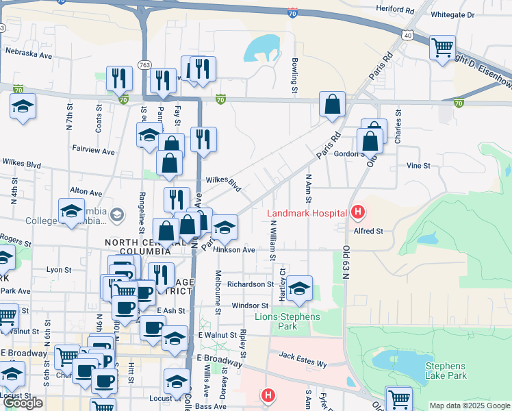 map of restaurants, bars, coffee shops, grocery stores, and more near 1509 Paris Road in Columbia