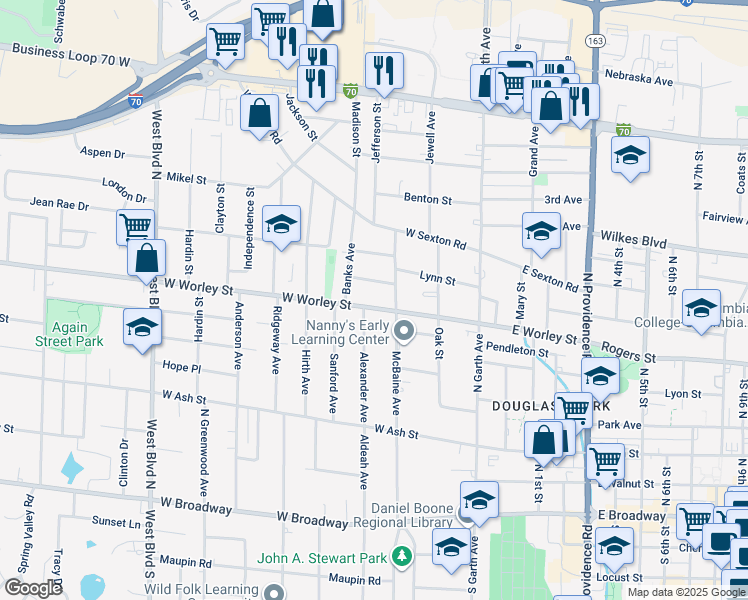 map of restaurants, bars, coffee shops, grocery stores, and more near 601 McBaine Avenue in Columbia