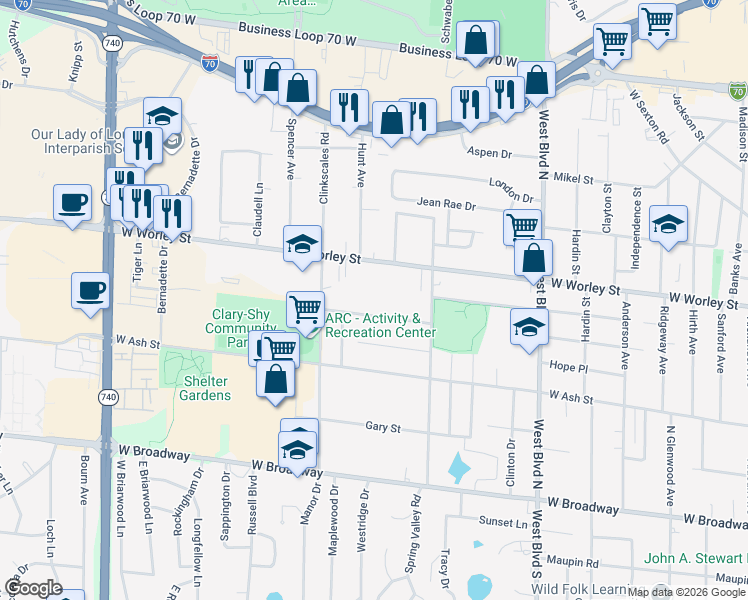 map of restaurants, bars, coffee shops, grocery stores, and more near 1404 West Worley Street in Columbia