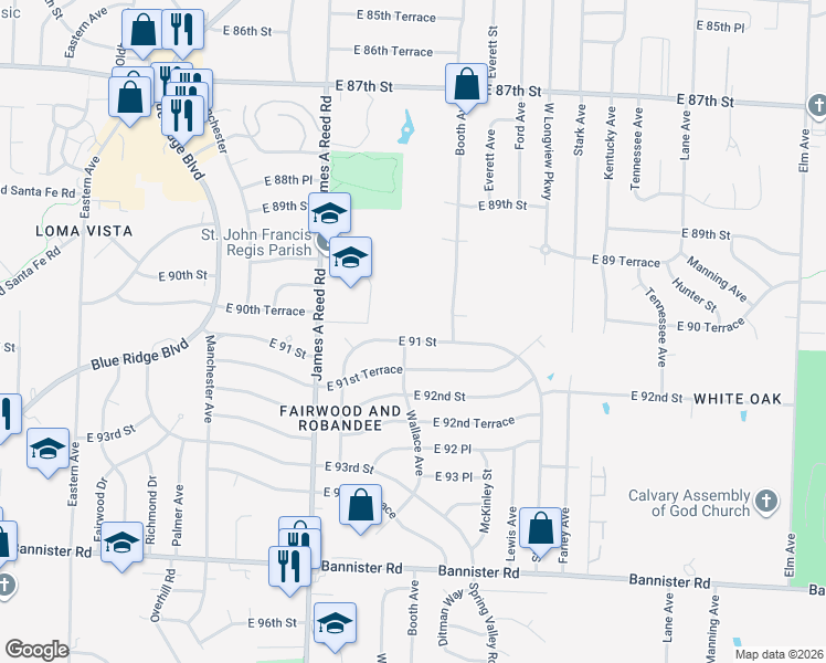 map of restaurants, bars, coffee shops, grocery stores, and more near 9024 Booth Avenue in Kansas City