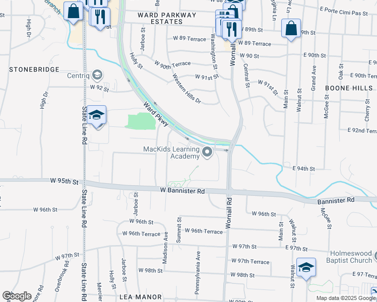 map of restaurants, bars, coffee shops, grocery stores, and more near 9300 Ward Parkway in Kansas City