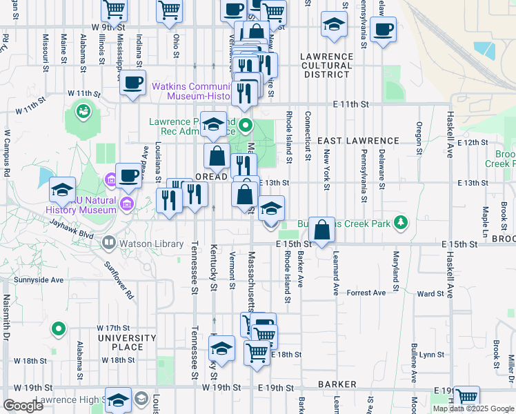 map of restaurants, bars, coffee shops, grocery stores, and more near 1311 New Hampshire Street in Lawrence