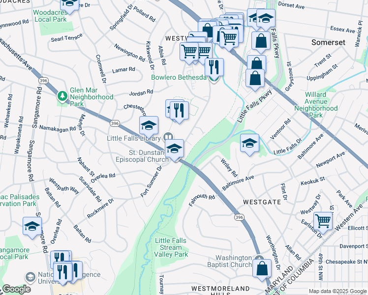 map of restaurants, bars, coffee shops, grocery stores, and more near 5139 Westbard Avenue in Bethesda