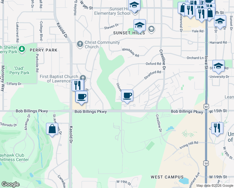 map of restaurants, bars, coffee shops, grocery stores, and more near 3023 University Drive in Lawrence