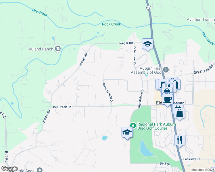 map of restaurants, bars, coffee shops, grocery stores, and more near 4155 River Woods Drive in Auburn