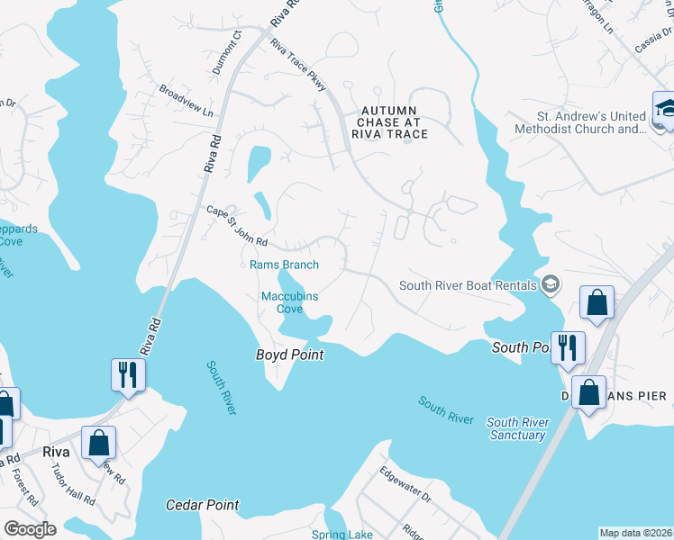 map of restaurants, bars, coffee shops, grocery stores, and more near 2976 Poplar Trail in Annapolis