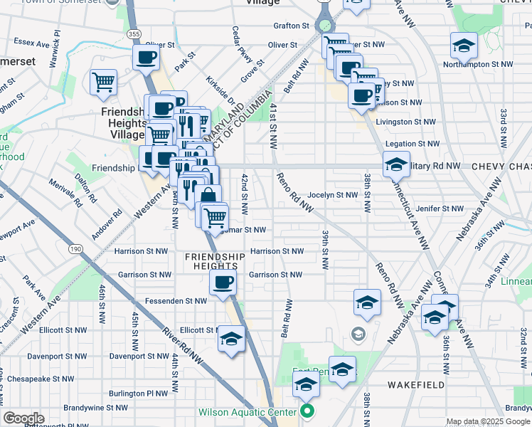 map of restaurants, bars, coffee shops, grocery stores, and more near 4104 Jenifer Street Northwest in Washington