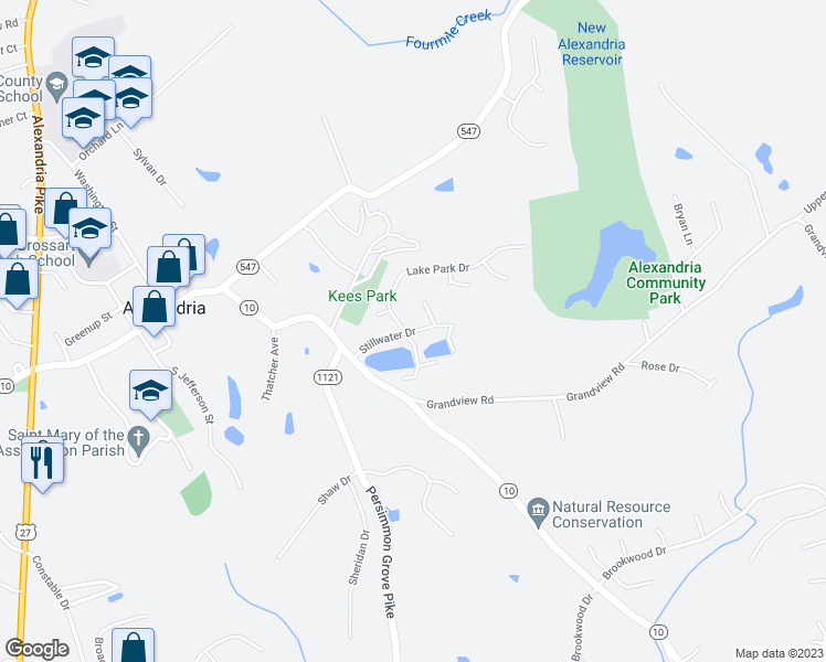 map of restaurants, bars, coffee shops, grocery stores, and more near 102 Stillwater Drive in Alexandria