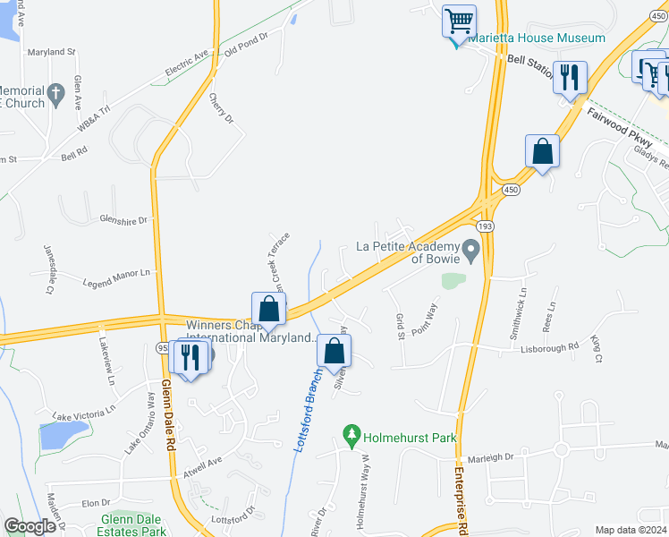 map of restaurants, bars, coffee shops, grocery stores, and more near 5106 Tidler Court in Glenn Dale