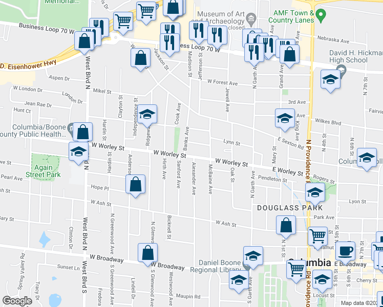 map of restaurants, bars, coffee shops, grocery stores, and more near 401 West Worley Street in Columbia