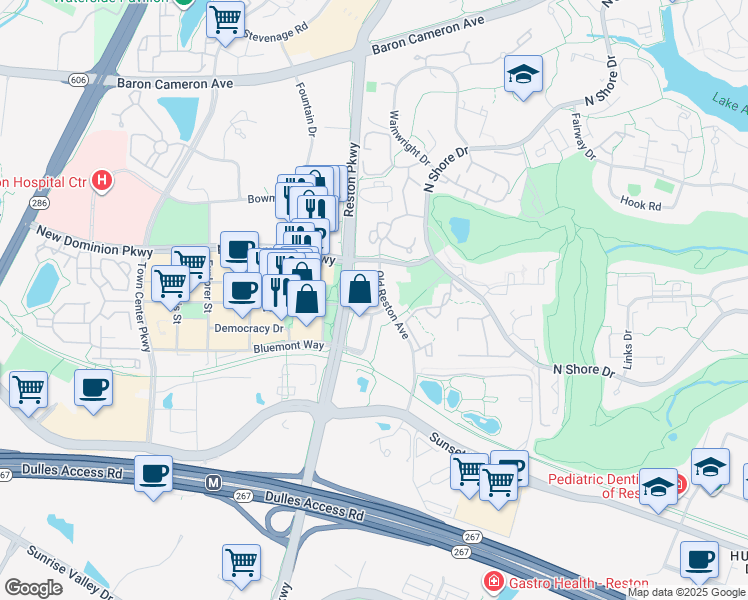 map of restaurants, bars, coffee shops, grocery stores, and more near 11776 Stratford House Place in Reston