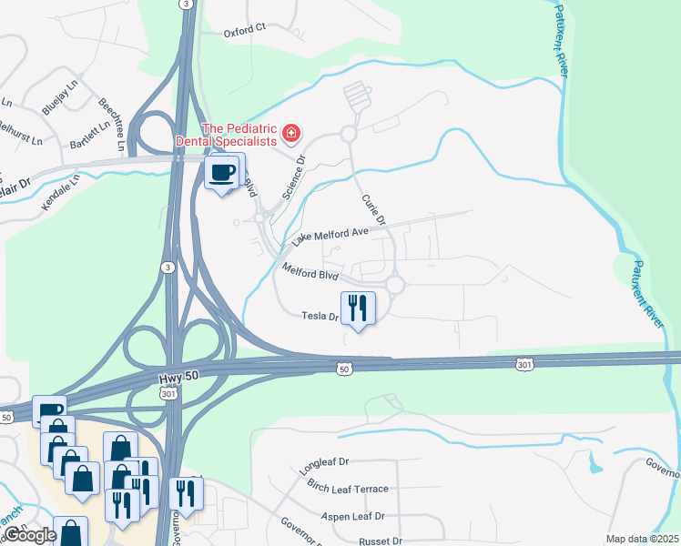map of restaurants, bars, coffee shops, grocery stores, and more near 17311 Melford Boulevard in Bowie