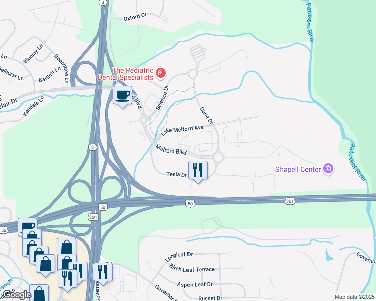 map of restaurants, bars, coffee shops, grocery stores, and more near 17341 Melford Boulevard in Bowie