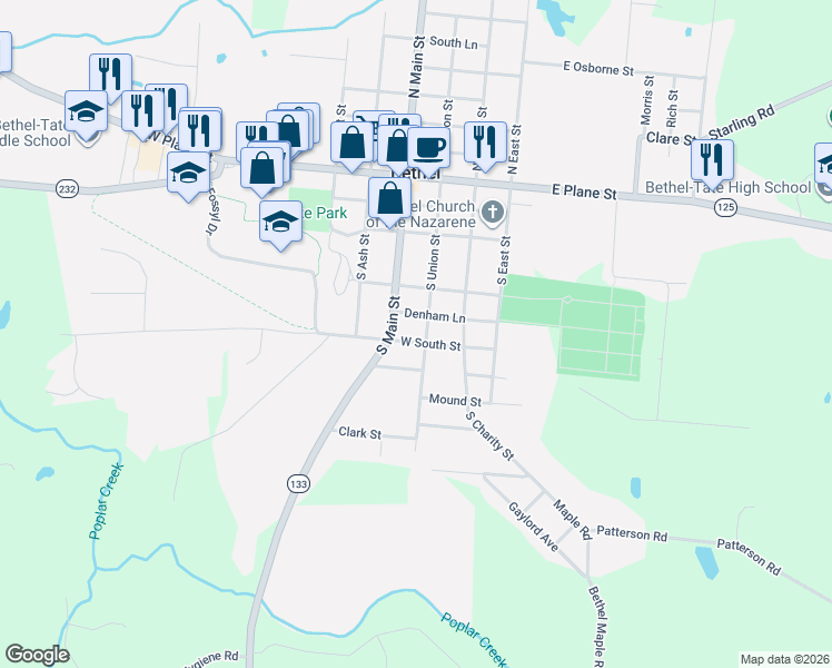 map of restaurants, bars, coffee shops, grocery stores, and more near 318 South Main Street in Bethel