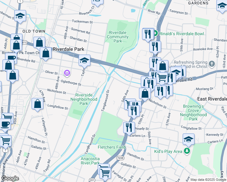 map of restaurants, bars, coffee shops, grocery stores, and more near 5309 Riverdale Rd in Riverdale