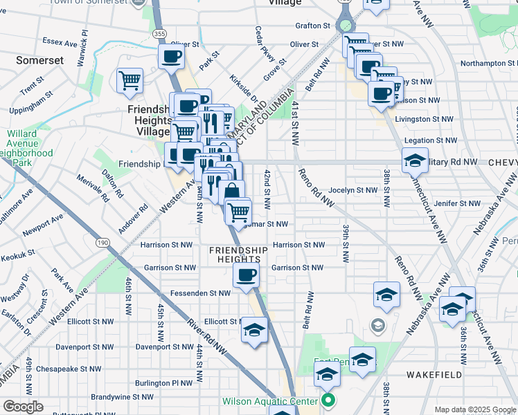 map of restaurants, bars, coffee shops, grocery stores, and more near 4210 Jenifer Street Northwest in Washington