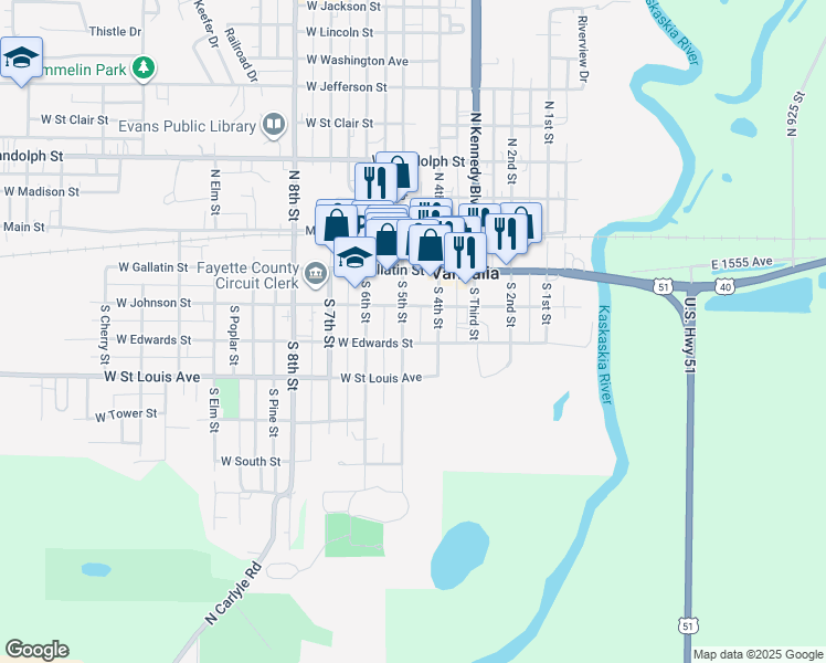 map of restaurants, bars, coffee shops, grocery stores, and more near 305 South 4th Street in Vandalia