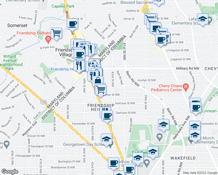 map of restaurants, bars, coffee shops, grocery stores, and more near 4210 Jenifer Street Northwest in Washington