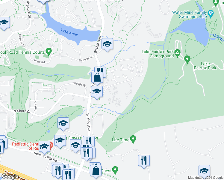 map of restaurants, bars, coffee shops, grocery stores, and more near 1625 Parkcrest Circle in Reston