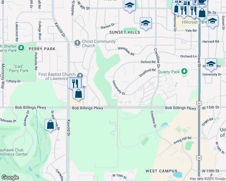 map of restaurants, bars, coffee shops, grocery stores, and more near 3023 University Drive in Lawrence