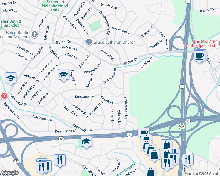 map of restaurants, bars, coffee shops, grocery stores, and more near 12706 Kincaid Lane in Bowie