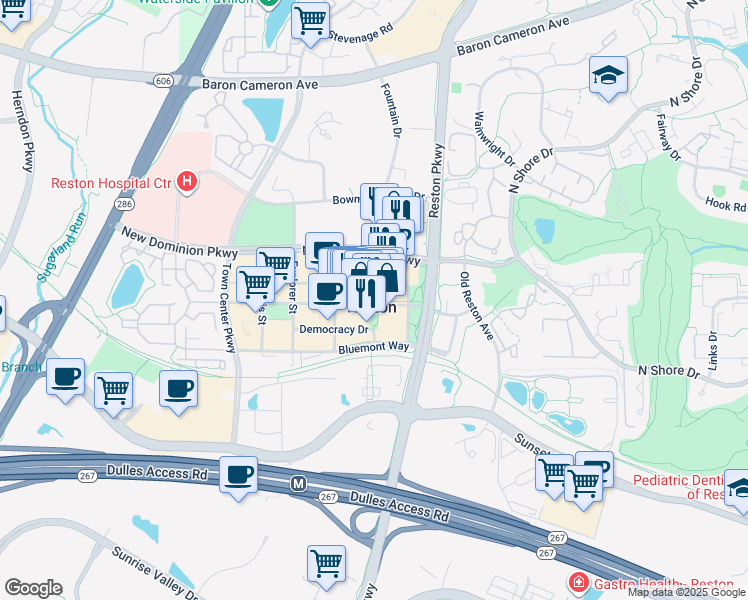 map of restaurants, bars, coffee shops, grocery stores, and more near 1760 Reston Parkway in Reston