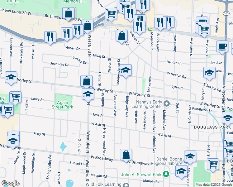 map of restaurants, bars, coffee shops, grocery stores, and more near 714 West Worley Street in Columbia