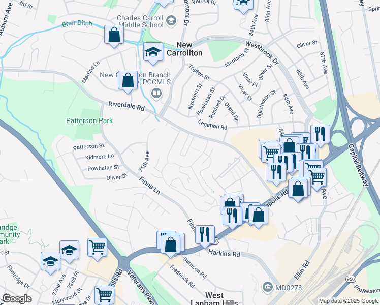 map of restaurants, bars, coffee shops, grocery stores, and more near 7604 Fountainebleau Drive in New Carrollton
