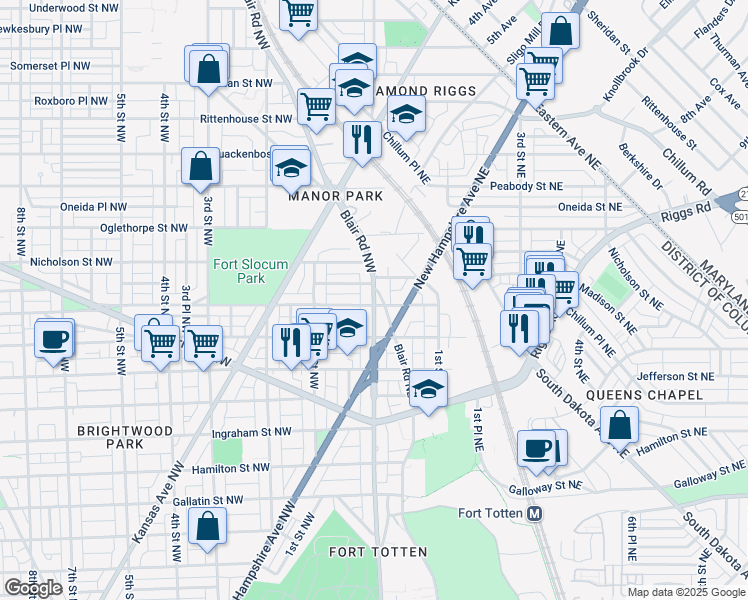 map of restaurants, bars, coffee shops, grocery stores, and more near 5729 North Capitol Street Northeast in Washington
