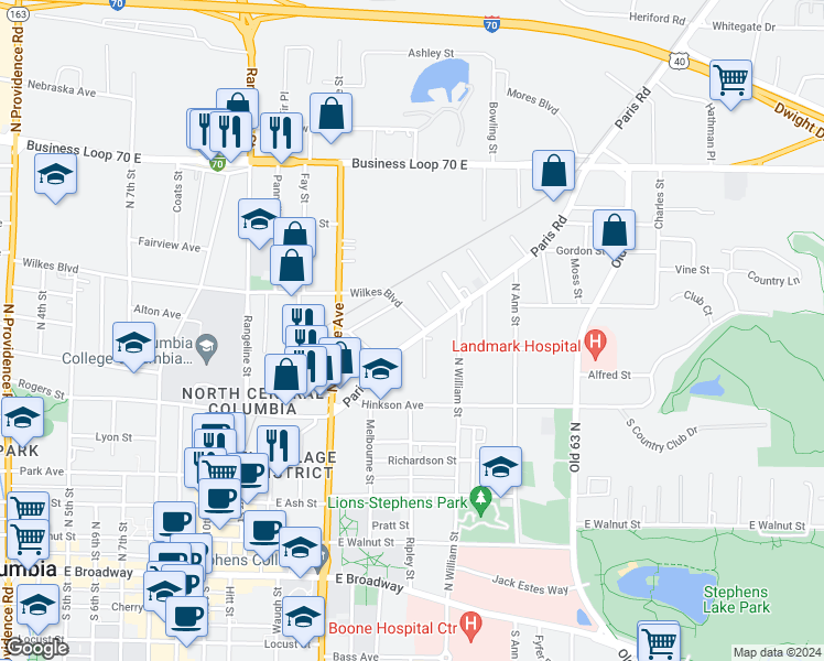 map of restaurants, bars, coffee shops, grocery stores, and more near 1408 Wilkes Boulevard in Columbia