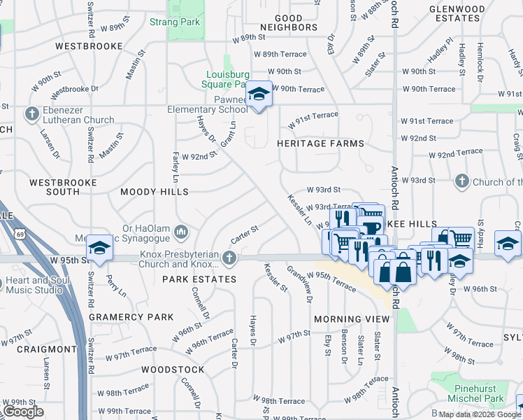 map of restaurants, bars, coffee shops, grocery stores, and more near 9405 Connell Drive in Overland Park