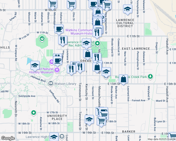 map of restaurants, bars, coffee shops, grocery stores, and more near 1310 Kentucky Street in Lawrence