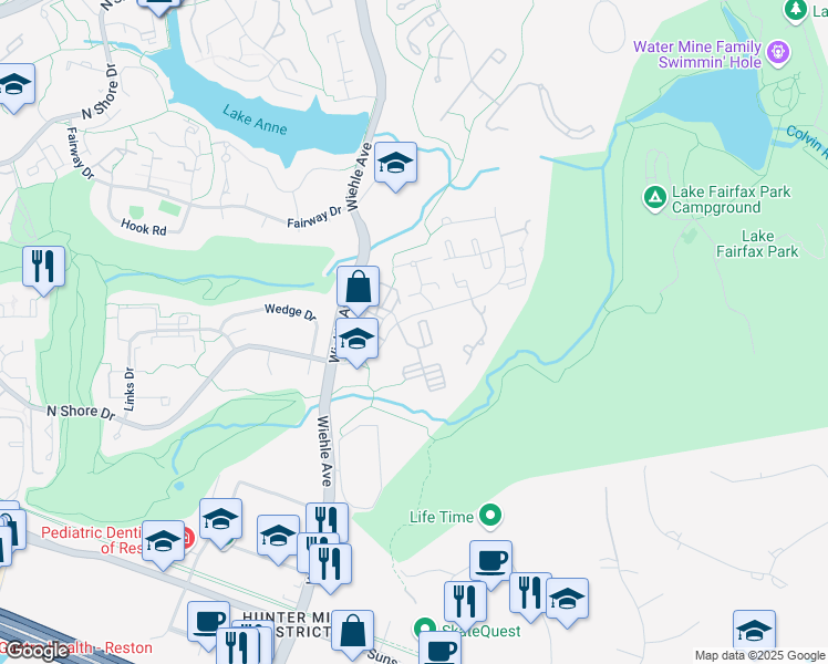 map of restaurants, bars, coffee shops, grocery stores, and more near 1625 Parkcrest Circle in Reston