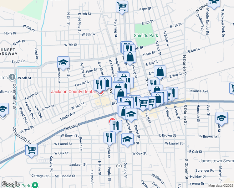 map of restaurants, bars, coffee shops, grocery stores, and more near in Seymour