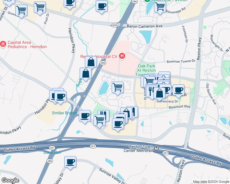 map of restaurants, bars, coffee shops, grocery stores, and more near 1913 Logan Manor Drive in Reston