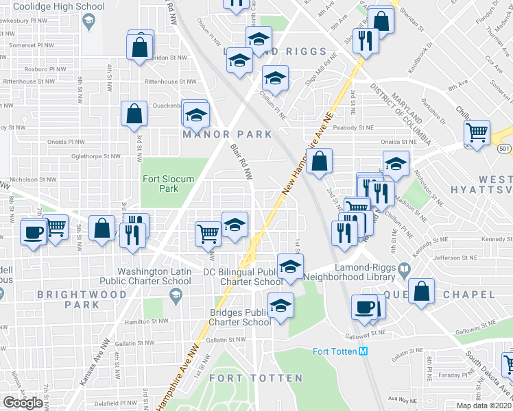 map of restaurants, bars, coffee shops, grocery stores, and more near 5700 Blair Road Northeast in Washington