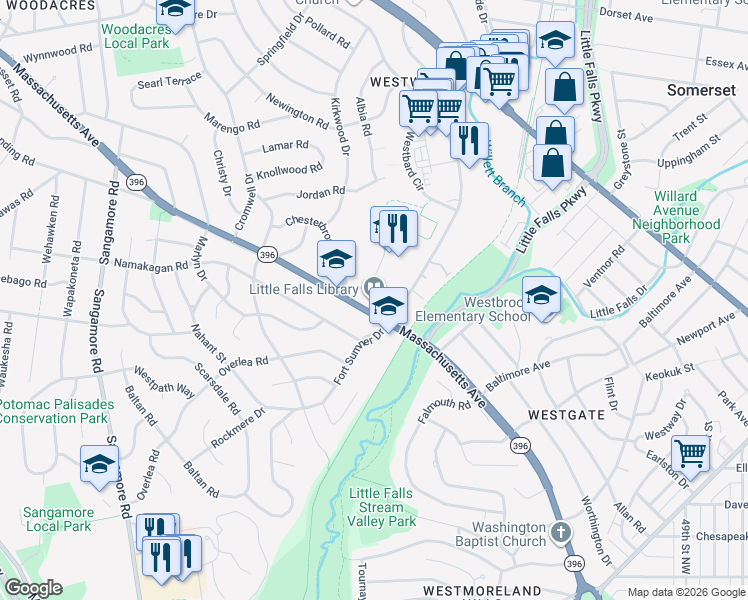 map of restaurants, bars, coffee shops, grocery stores, and more near 5501 Massachusetts Avenue in Bethesda