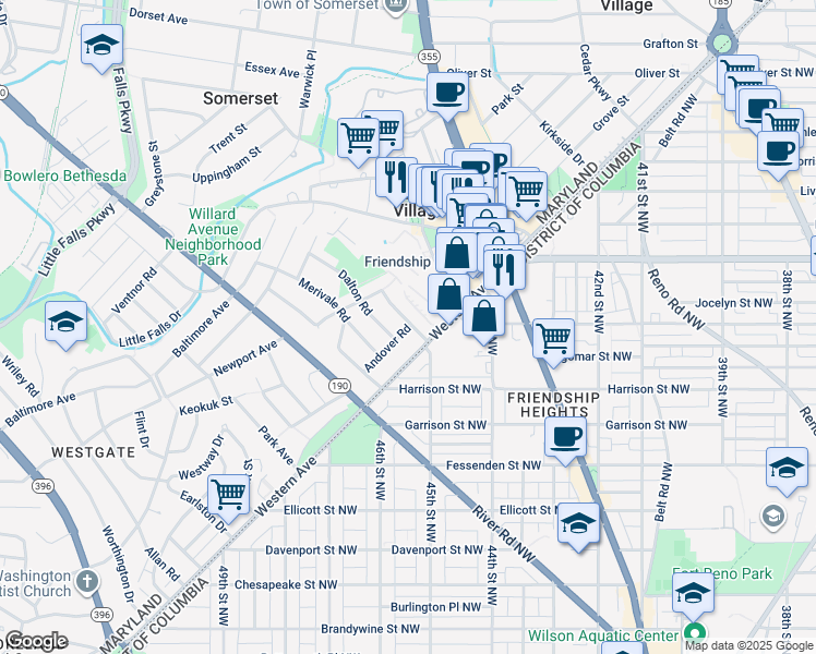 map of restaurants, bars, coffee shops, grocery stores, and more near 4506 Cortland Road in Bethesda