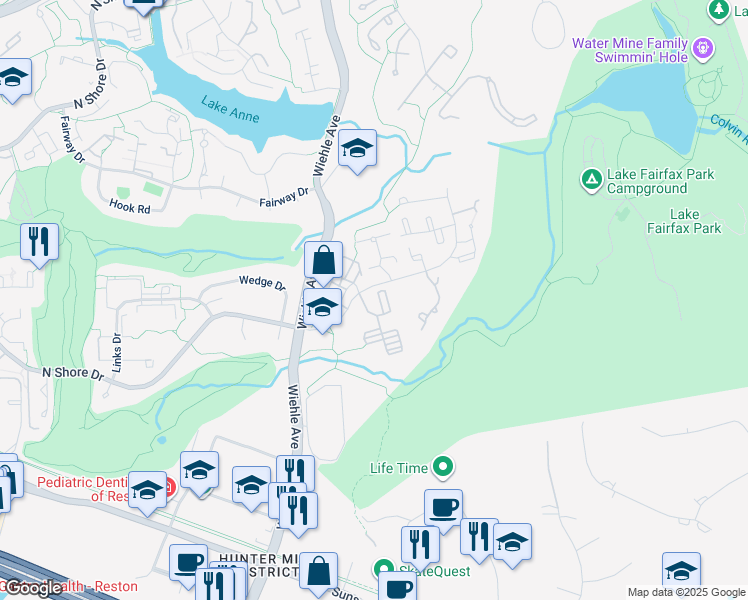 map of restaurants, bars, coffee shops, grocery stores, and more near 1625 Parkcrest Circle in Reston