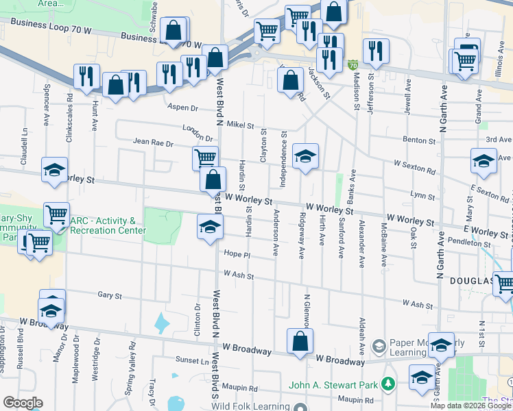 map of restaurants, bars, coffee shops, grocery stores, and more near 815 West Worley Street in Columbia