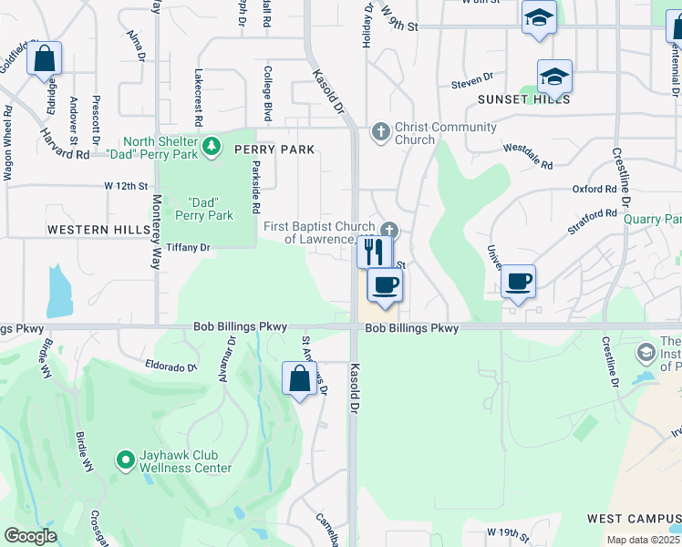 map of restaurants, bars, coffee shops, grocery stores, and more near 1429 Kasold Drive in Lawrence