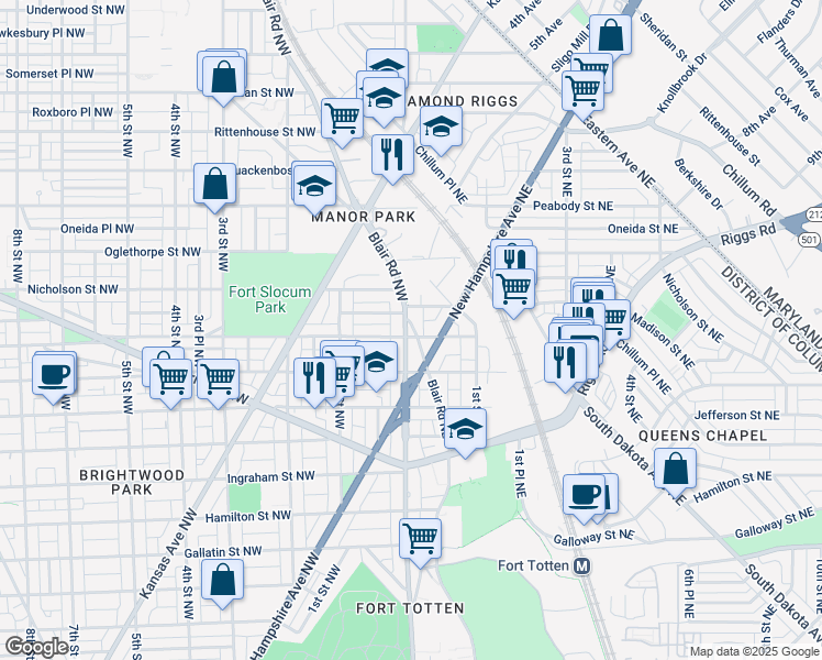map of restaurants, bars, coffee shops, grocery stores, and more near 5700 Blair Road Northeast in Washington