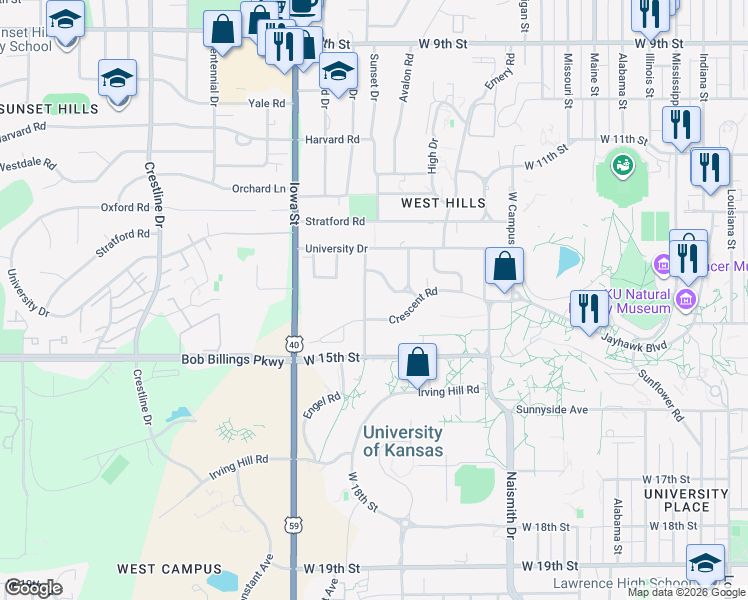 map of restaurants, bars, coffee shops, grocery stores, and more near 1401-1419 Engel Rd in Lawrence