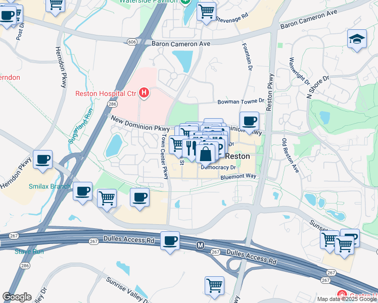 map of restaurants, bars, coffee shops, grocery stores, and more near 11990 Market Street in Reston