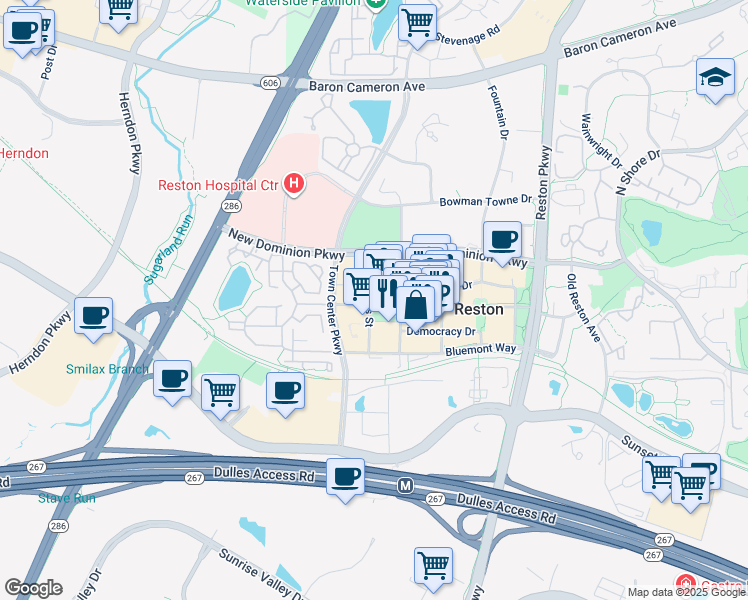 map of restaurants, bars, coffee shops, grocery stores, and more near 11990 Market Street in Reston