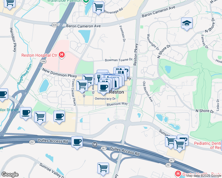 map of restaurants, bars, coffee shops, grocery stores, and more near 11921 Freedom Drive in Reston