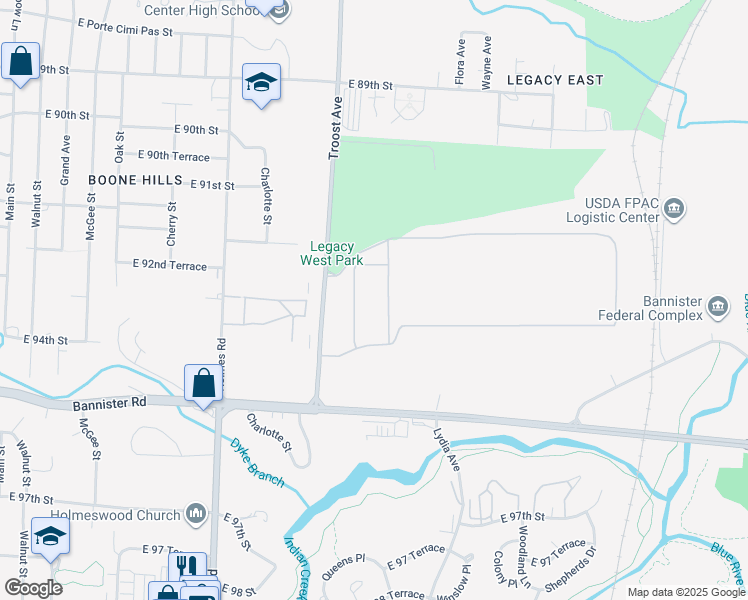 map of restaurants, bars, coffee shops, grocery stores, and more near 9311 Troost Avenue in Kansas City